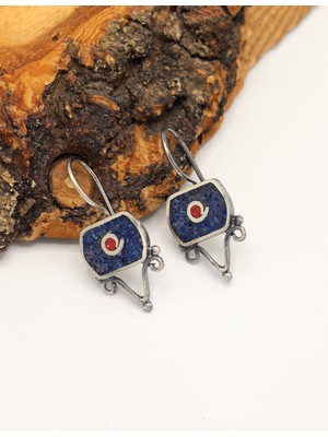 Midyat Nurtaş Gümüş Lacivert Mozaik Taşlı Altıgen Model El Işi Otantik Kadın Gümüş Küpe 201025557