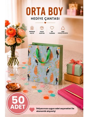DAKS 50 Adet (23 x 18 x 10 Cm) - Tropikal Leopar Desenli Orta Boy Karton Hediye Çantası