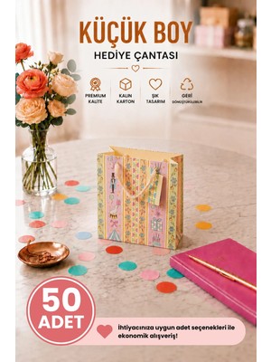 DAKS 50 Adet (15.4 x 18.4 x 7.6 Cm) - Pastel Parti Temalı Desenli Küçük Boy Karton Hediye Çantası