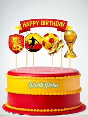 Parti Pera Sarı Kırmızı Futbol Temalı Pasta Süsü 5 Parça Doğum Günü Pasta Süsü