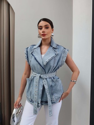 Esra Helvacı Zımba Detaylı Kuşaklı Denim Yelek