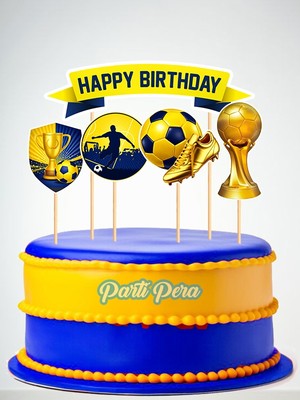 Parti Pera Sarı Lacivert Futbol Temalı Pasta Süsü 5 Parça Doğum Günü Pasta Süsü