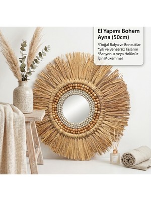 Bohem Hasır Duvar Aynası / El Yapımı Rafya Ayna