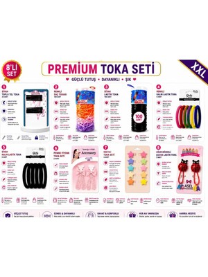 Asel Aksesuar 8'li Set Çok Renkli Premium Xxl Kız Çocuk Karma Saç Tokası Seti Uğur Böceği ve Fiyonk Figürlü.