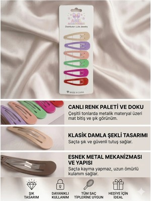 Asel Aksesuar 6'lı Set Mat Renkli Damla Çıtçıt Klipsli Kadın & Kız Çocuk Toka