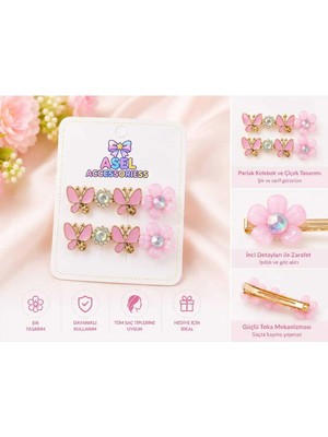 Asel Aksesuar 2'li Set Pembe Şeffaf Çiçek ve Fiyonk Figürlü Incili Klips Toka Seti