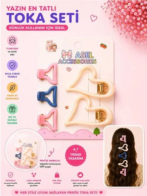 Asel Aksesuar 5'li Set Içi Boş Kalp Tasarımlı Çocuk Saç Tokası Seti - Klipsli ve Kıskaç Toka (Farklı Renk Seçenekli)