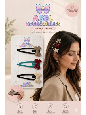 Asel Aksesuar 3'lü Set Çiçek Fiyonk ve Yuvarlak Figürlü Kadın & Kız Çocuk Çıtçıt Toka - 3 Farklı Model