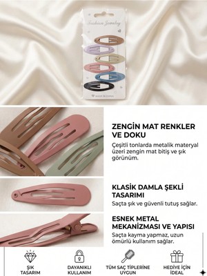 Asel Aksesuar 6'lı Set Klasik Damla Çıt Çıt Esnek Metal Mat Saç Tokası - 3 Farklı Seçenek