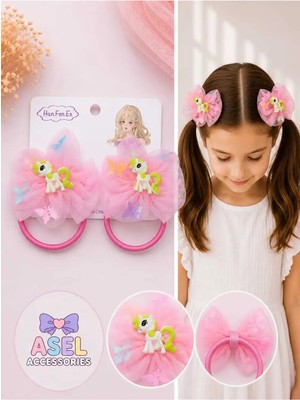 Asel Aksesuar 2'li Set Kelebek Desenli Tül Fiyonk ve Unicorn Figürlü Kız Çocuk Lastikli Toka - 4 Farklı Renk