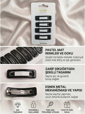 Asel Aksesuar 4'lü Set Mat Siyah Dikdörtgen Esnek Metal Çıt Çıt Saç Tokası