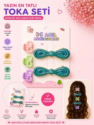 Asel Aksesuar 5'li Set Parlak Fiyonk Figürlü Çocuk Saç Tokası Seti - Klipsli ve Kıskaç Toka (Farklı Renk Seçenekli)