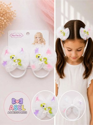 Asel Aksesuar 2'li Set Kelebek Desenli Tül Fiyonk ve Unicorn Figürlü Kız Çocuk Lastikli Toka - 4 Farklı Renk