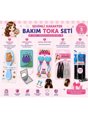 Asel Aksesuar 5'li Set Mavi Ayıcık ve Hippo Figürlü Aynalı Kız Çocuk Saç Bakım ve Toka Seti