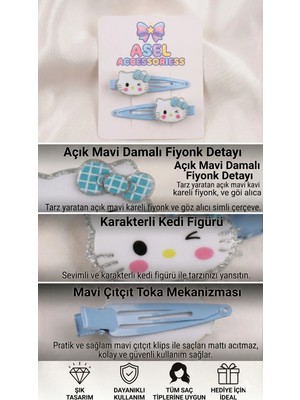 Asel Aksesuar 2'li Set Sevimli Kedi Figürlü Simli Fiyonk Detaylı Çıtçıtlı Kız Çocuk Toka