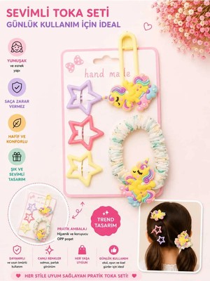 Asel Aksesuar 5'li Set Unicorn Figürlü Büzgülü Lastik ve Yıldız Çıtçıt Çocuk Saç Tokası Seti - Farklı Renk Seçenekli