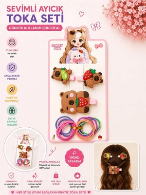 Asel Aksesuar 13'lü Set + Çok Renkli + Meyveli Ayıcık + Klipsli ve Lastikli Toka Seti