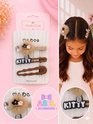 Asel Aksesuar 3'lü Set Peluş Ponponlu ve Yazılı Dalgalı Klipsli Kız Çocuk Toka