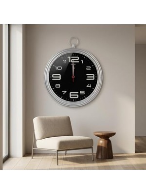 Yuvarlak Duvar Saati, Siyah Kadran, Gümüş Çerçeve, 30 Cm, Cep Saati Tasarımı, Kırmızı Saniye Ibresi