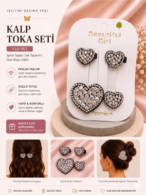 Asel Aksesuar 3'lü Set Kalp Tasarımlı Işıltılı Taşlı Klips Saç Tokası - 5 Farklı Seçenek