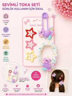 Asel Aksesuar 5'li Set Unicorn Figürlü Büzgülü Lastik ve Yıldız Çıtçıt Çocuk Saç Tokası Seti - Farklı Renk Seçenekli