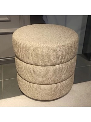 Showdeko Krem Lüks Dokuma Kumaşlı Yuvarlak Ahşap Tabanlı Puf Ç55XY58CM