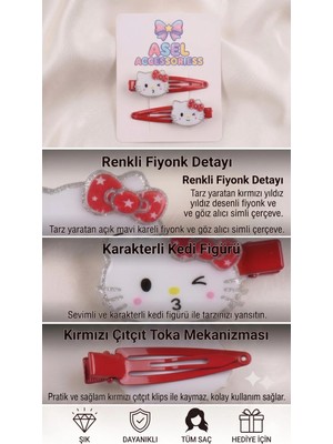 Asel Aksesuar 2'li Set Sevimli Kedi Figürlü Simli Fiyonk Detaylı Çıtçıtlı Kız Çocuk Toka