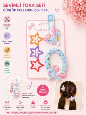 Asel Aksesuar 5'li Set Unicorn Figürlü Büzgülü Lastik ve Yıldız Çıtçıt Çocuk Saç Tokası Seti - Farklı Renk Seçenekli