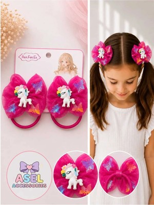 Asel Aksesuar 2'li Set Kelebek Desenli Tül Fiyonk ve Unicorn Figürlü Kız Çocuk Lastikli Toka - 4 Farklı Renk