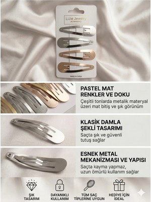 Asel Aksesuar 4'lü Set Mat Metalik Renkli Klasik Damla Esnek Metal Çıt Çıt Saç Tokası