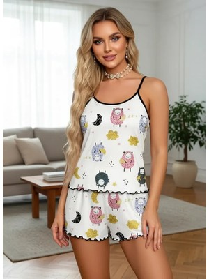 Pileli Store Kadın Beyaz Desenli Ince Askılı Şortlu Pijama Takımı Şık Ev Giyim
