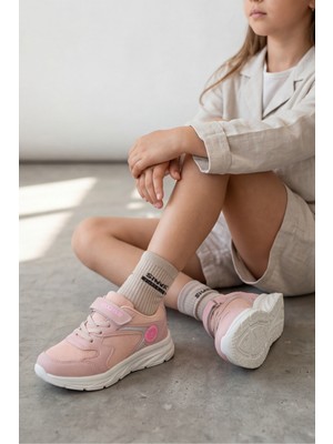 Liarca Nefes Alabilir Fileli ve Cırt Cırtlı Ortopedik Tabanlı Hafif Koşu ve Yürüyüş Kız Çocuk Spor Ayakkabısı - Pudra Pembe Comfort Seri