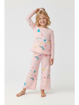 Isobel Ideal Sepet- Yeni Sezon Pembe Gökkuşağı Desenli %100 Pamuk Kız Çocuk Pijama Takımı 8-13