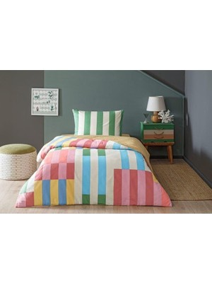 Taç Taffy ÇIZGILI%100 Pamuk Nevresim Takımı, Pembe, Tek Kişilik (Nevresim: 160X220 Cm/lastikli Çarşaf: 100X200 cm / 1 Adet Yastık Kılıfı: 50X70 Cm)