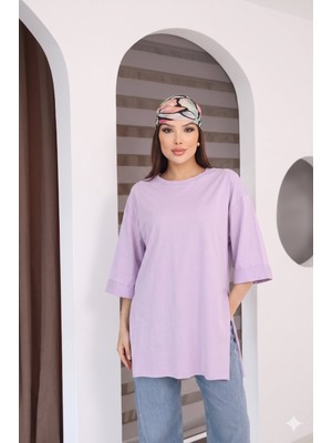 Moviment Kadın Standart Beden Duble Kol Yandan Yırtmaçlı Lila T-Shirt