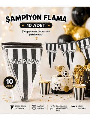 Dizayn Parti Evi Şampiyon Flama Bayrak 10 Adet Siyah Beyaz Sarı Lacivert Parti Flaması Taraftar Doğum Günü Süsü