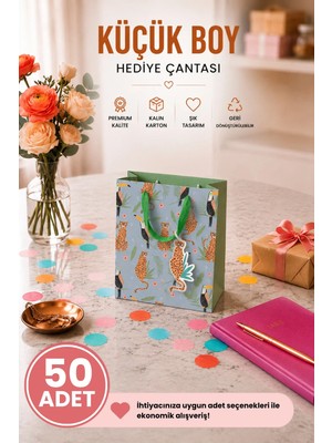 DAKS 50 Adet (15.4 x 18.4 x 7.6 Cm) - Tropikal Leopar Desenli Küçük Boy Karton Hediye Çantası