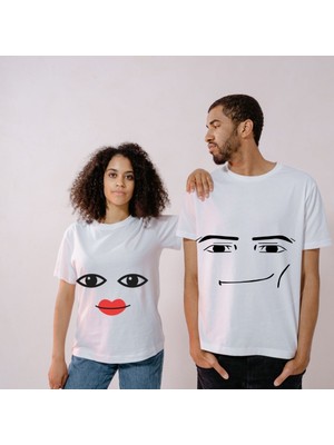 Hediye Vakti Komik Dijital Karakter Yüz Ifadeli Eş Kombin Tişörtleri - Unisex Sevgili Tshirt Seti