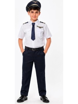 Erkek Çocuk Pilot Kostümü Şapkalı Kaptan Üniforması Tam Set