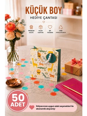 DAKS 50 Adet (15.4 x 18.4 x 7.6 Cm) - Safari Hayvan Desenli Küçük Boy Karton Hediye Çantası