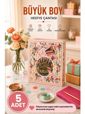 DAKS 5 Adet (32 x 26 x 14 Cm) - Doğum Günü Pastalı Çiçek Desenli Büyük Boy Karton Hediye Çantası