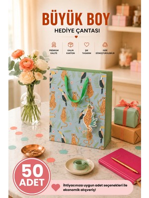DAKS 50 Adet (32 x 26 x 14 Cm) - Tropikal Leopar Desenli Büyük Boy Karton Hediye Çantası