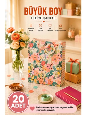 DAKS 20 Adet (32 x 26 x 14 Cm) - Pastel Pembe Çiçekli Büyük Boy Karton Hediye Çantası