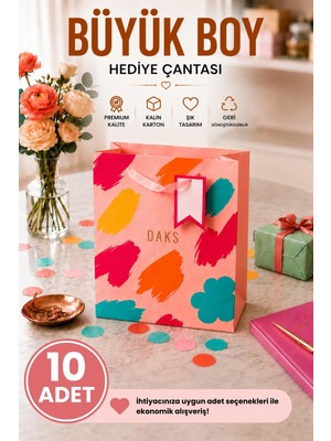DAKS 10 Adet (26 x 32 x 14 Cm) - Pastel Pembe Renkli Fırça Desenli Büyük Boy Karton Hediye Çantası