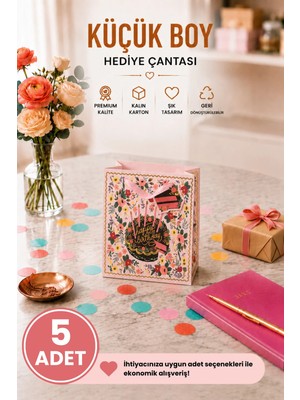 DAKS 5 Adet (15.4 x 18.4 x 7.6 Cm) - Doğum Günü Pastalı Çiçek Desenli Küçük Boy Karton Hediye Çantası