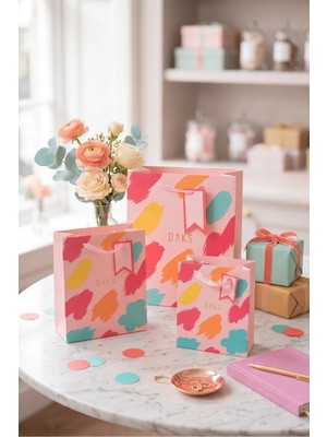 DAKS Pastel Pembe Renkli Fırça Desenli 3 Boy Karton Hediye Çantası Seti