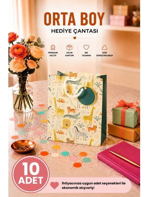 DAKS 10 Adet (23 x 18 x 10 Cm) - Safari Hayvan Desenli Orta Boy Karton Hediye Çantası