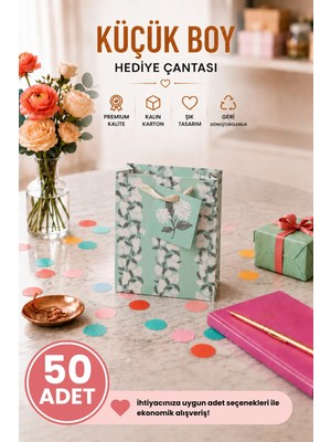 DAKS 50 Adet (15.4 x 18.4 x 7.6 Cm) - Mint Çiçek Desenli Küçük Boy Karton Hediye Çantası