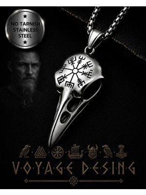 Voyage Accessory Vegvisir Sembol Paslanmaz Çelik Viking Kuzgun Kurukafa Erkek Çelik Raven  Kolye
