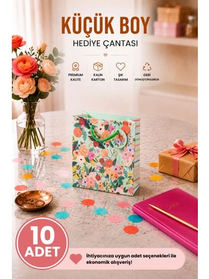 DAKS 10 Adet (15.4 x 18.4 x 7.6 Cm) - Pastel Yeşil Çiçekli Küçük Boy Karton Hediye Çantası